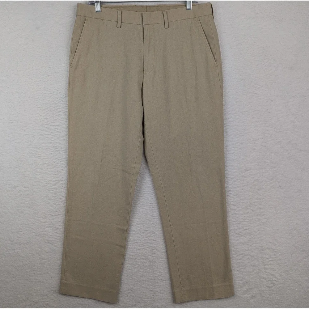 J Crew Linen Blend Chino Pants Men's 33x30 Khaki Flat Front Straight Leg